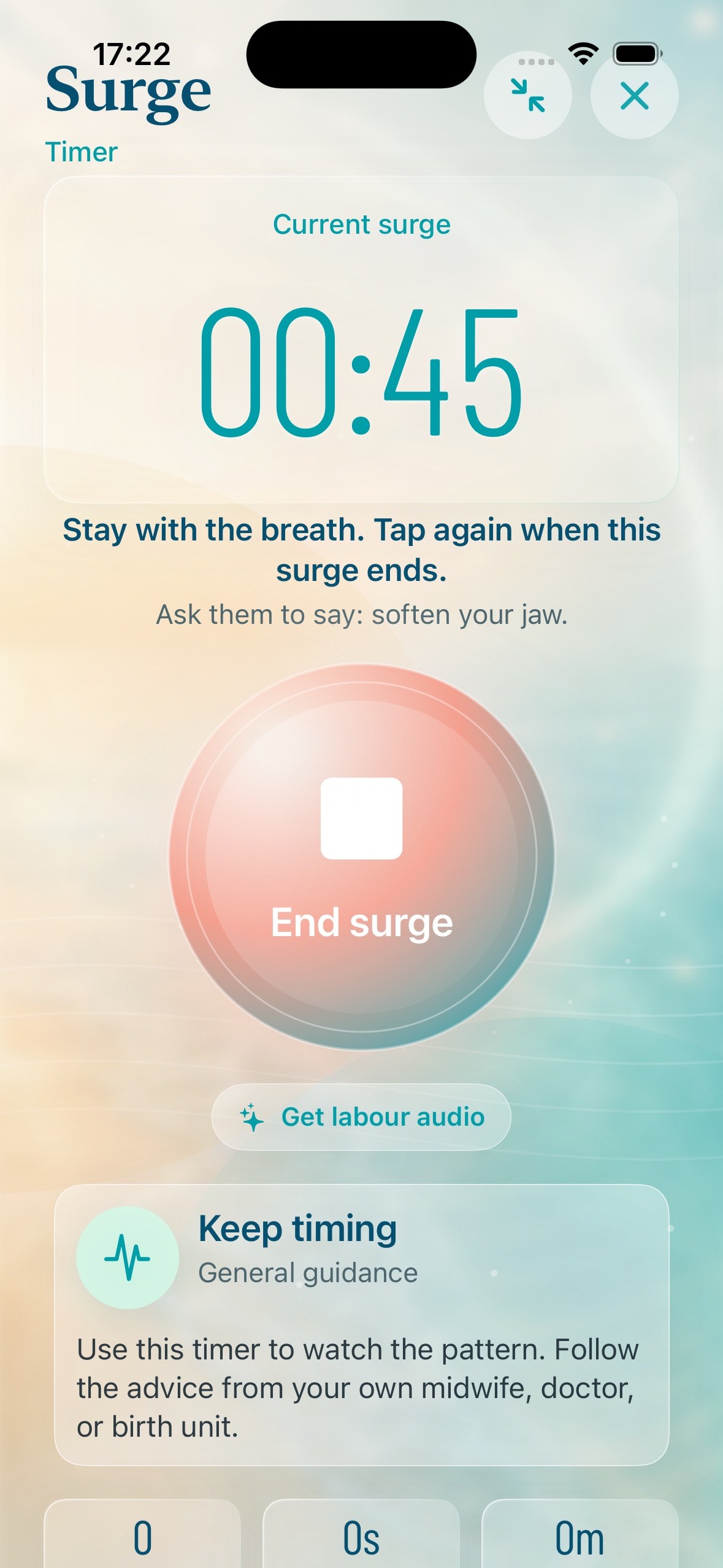 BirthSound Labor Mode showing a live contraction timer and a breathing cue.